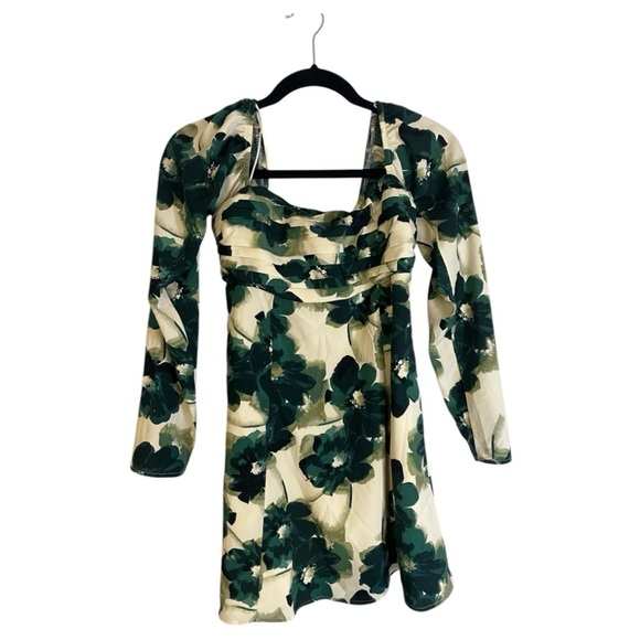 Abercrombie & Fitch Warm Green and Cream Tones Bodycon Dress with Puff Sleeves - Picture 6 of 10